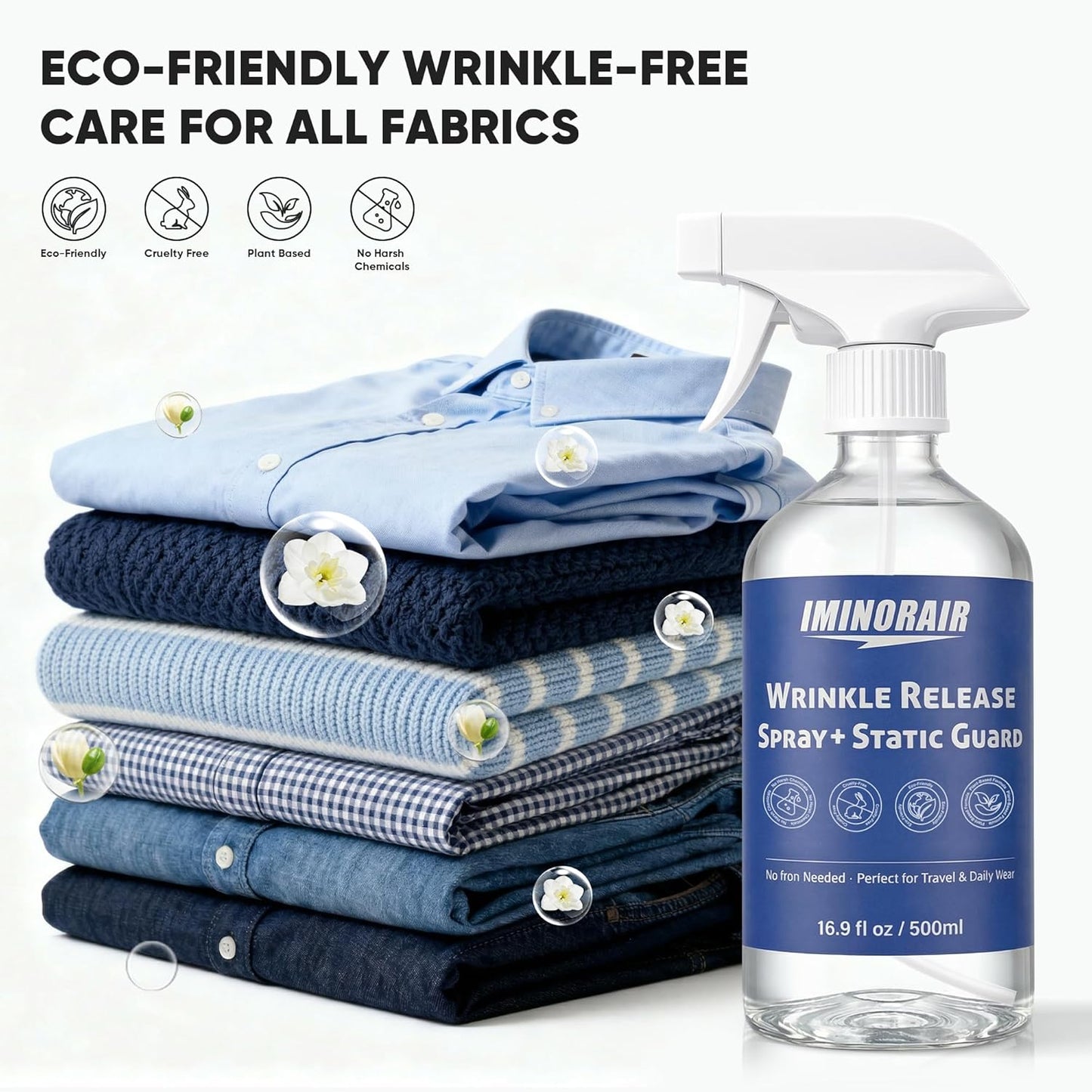 Wrinkle Releaser Spray, Anti Static Spray and Instant Wrinkle Release for Clothes, All in One Formula, Odor Eliminator and Fabric Refresher Spray (16.9 Fl Oz + 4.06 Fl Oz)