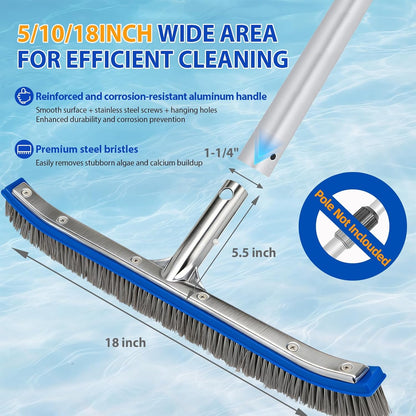 5-Inch Pool Brush Head - Combo Nylon & Stainless Steel Wire Bristles, Heavy Duty Metal Pool Brushes for Extra Scrubbing Power, for Cleaning Inground Pool Tiles, Concrete, Walls, Floor, Steps, Corners