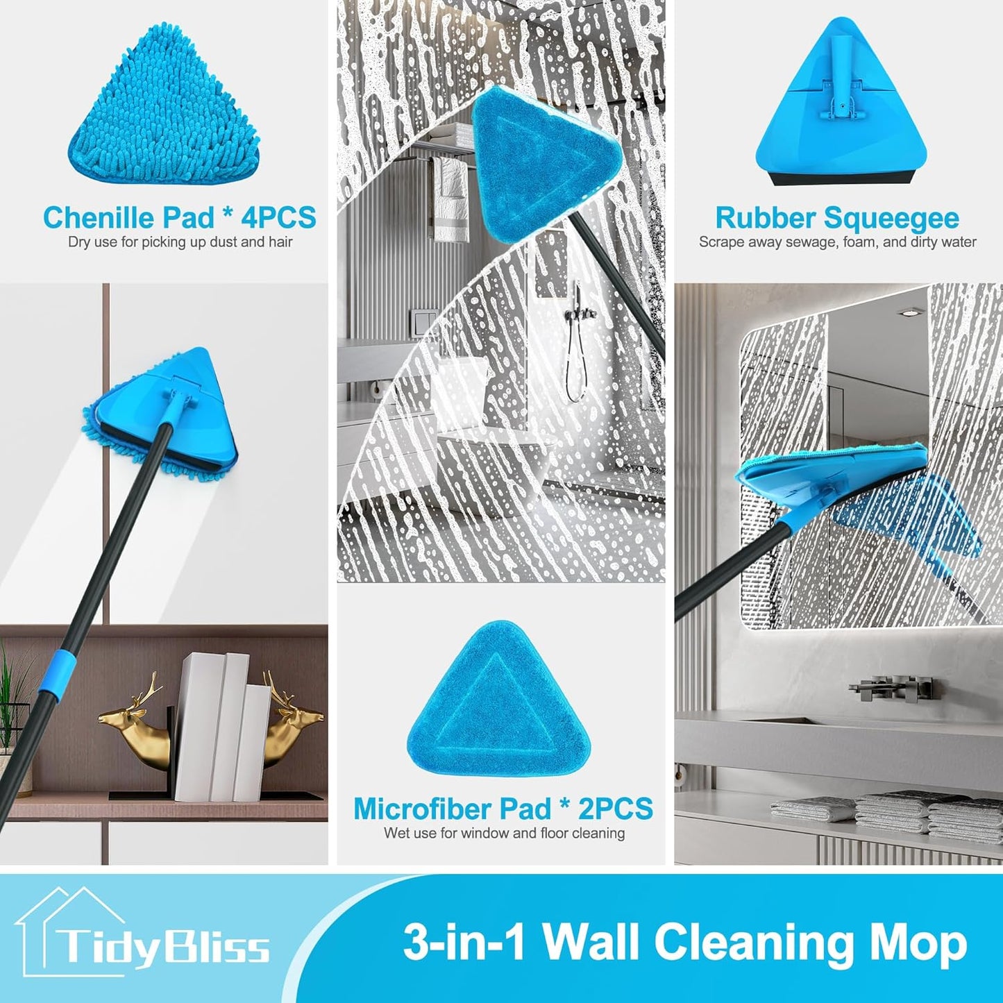 Wall Cleaning Mop with Long Handle 80”, Ceiling Duster Scrubber with 360° Swivel Collapsible Head, Baseboard Cleaner Tool with 3 Chenille and 3 Microfiber Pads for Windows Floor (Red)