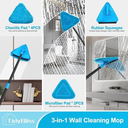 Wall Cleaning Mop with Long Handle 80”, Ceiling Duster Scrubber with 360° Swivel Collapsible Head, Baseboard Cleaner Tool with 3 Chenille and 3 Microfiber Pads for Windows Floor (Red)