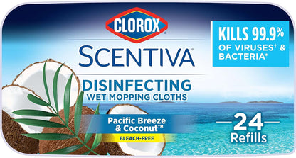 Clorox Scentiva Disinfecting Wet Mop Pad, Disposable Mop Heads, Coconut and Waterlily, 2 Packs, 24 Wet Refills Per Pack (Package May Vary)