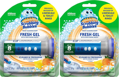 Scrubbing Bubbles Fresh Gel Toilet Bowl Cleaning Stamps, Helps Keep Toilet Clean and Helps Prevent Limescale & Rings, Citrus Scent, 1 Dispenser with 6 Fresh Gel Stamps