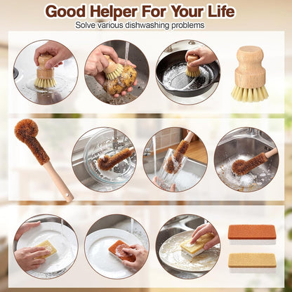 Sliner 14 Pcs Bamboo Dish Brush Set Include Natural Kitchen Sponge Wooden Dish Brush with Sisal Bamboo Scrubber for Kitchen Cleaning Pans Pots Bottles Vegetables