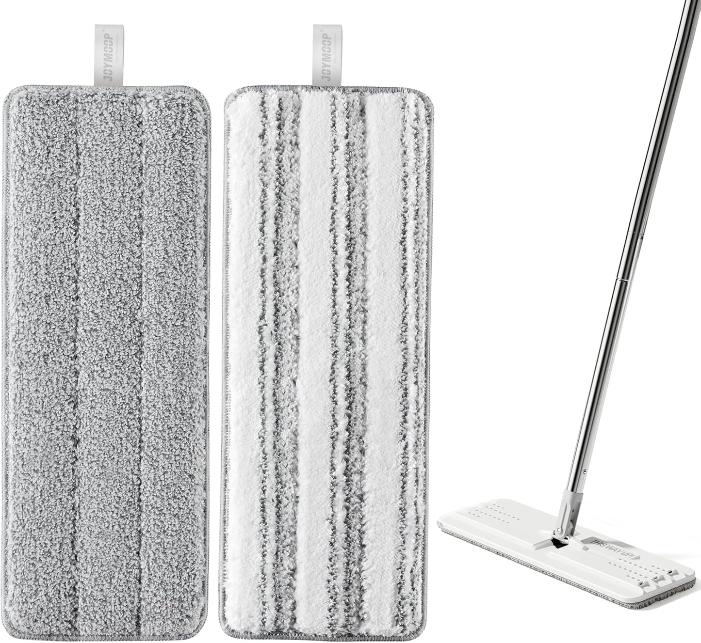 JOYMOOP 17.7-Inch Microfiber Flat Mop Replacement Pads – Washable Reusable Grey & Stripe, Pack of 4 Heavy-Duty Wet & Dry Refill for JOYMOOP Flat Mop & Bucket System