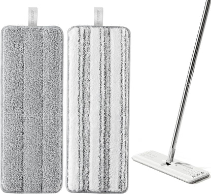 JOYMOOP 17.7-Inch Microfiber Flat Mop Replacement Pads – Washable Reusable Grey & Stripe, Pack of 4 Heavy-Duty Wet & Dry Refill for JOYMOOP Flat Mop & Bucket System