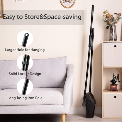 Eyliden Commercial Angle Broom and Dustpan Combo, with Long Handle and Lid, Lobby Dust Pan Sweep Set for Outdoor Garages Courtyard Sidewalks Decks Indoor Home Kitchen Room Office (Black Broom+Dustpan)