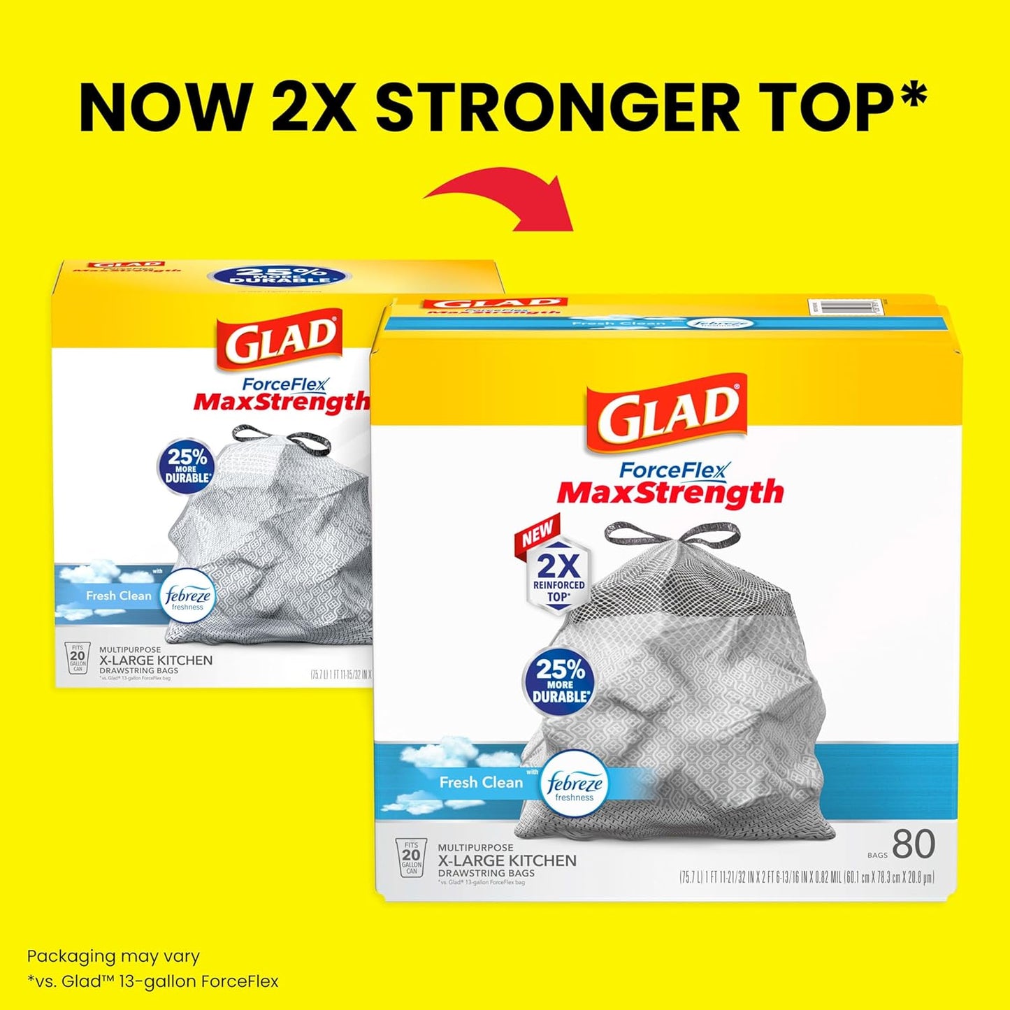 Glad ForceFlex MaxStrength XL Kitchen Trash Bags, 20 Gal, Fresh Clean, 80 Ct (Package May Vary)
