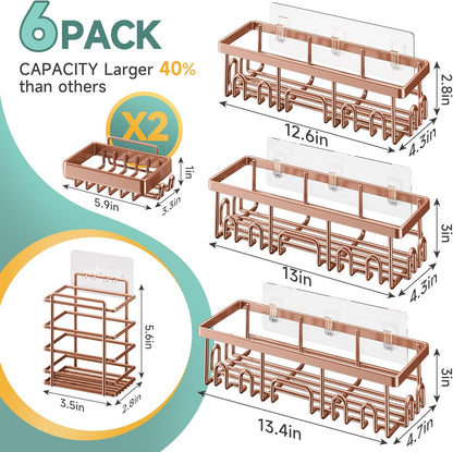 Veken Shower Caddy 6-Pack, Advanced Rustproof Design, No Drilling Adhesive Shelves, Rack with Soap Holder, Large Capacity Bathroom Organizers and Storage, Wall-Mounted, Gifts for Women Mom