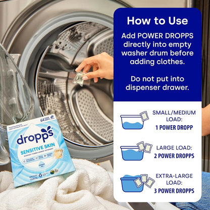 Dropps Sensitive Skin Laundry Detergent Pods, Unscented (36 Ct) - Hypoallergenic & Dermatologist Tested | Free & Clear | Laundry Pods for Sensitive Skin | Clean Ingredients | Plastic Free Packaging