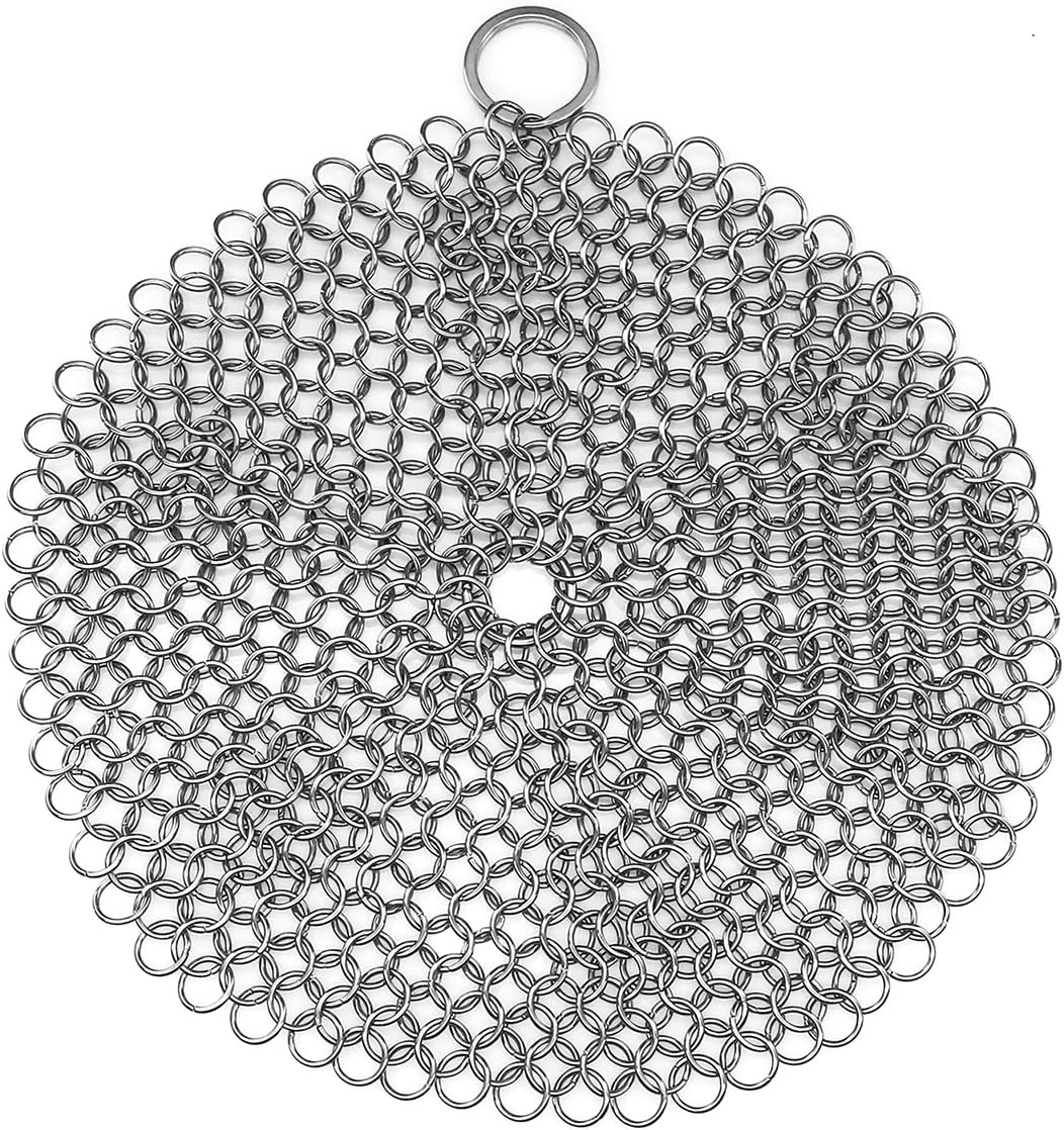 TOPULORS Cast Iron Scrubber 316 Stainless Steel Skillet Cleaner 8"x6" Chainmail Scrubber Scraper Chain Mail Link Scrub for Cast Iron Pre-Seasoned Pans, Griddles, BBQ Grills, and Pot Cookware Cleaning