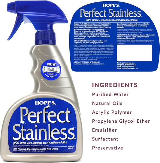 HOPE'S Perfect Stainless Steel Cleaner 22-Ounce, Streak-Free Self- Polishing Formula, Blocks Fingerprints, Pack of 2, 44 Fl Oz