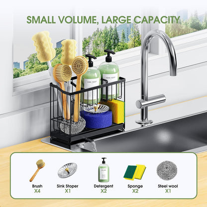 Kitchen Sink Caddy, 2-Tier Self-Draining Sponge & Dish Brush Holder, Rustproof 304 Stainless Steel Space-Saving Organizer with Drying Tray, Black