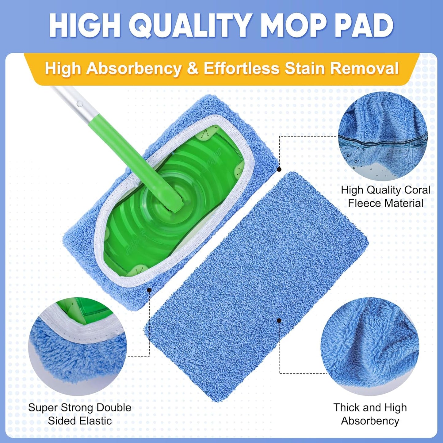 6-Pack Reusable Mop Pads Compatible with Sweeper Mop - 100% Coral Fleece Washable Refills - Microfiber Dry & Wet Sweeping Cloths for Multi-Surface/Hardwood Floor Cleaning