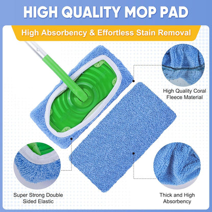 6-Pack Reusable Mop Pads Compatible with Sweeper Mop - 100% Coral Fleece Washable Refills - Microfiber Dry & Wet Sweeping Cloths for Multi-Surface/Hardwood Floor Cleaning