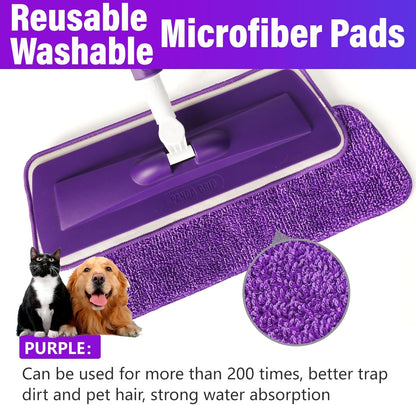 Spray Mops for Floor Cleaning Floor Mop with a Refillable Spray Bottle and 3 Washable Microfiber Pads Home or Commercial Use Dry Wet Flat Mop for Hardwood Laminate Wood (Purple)