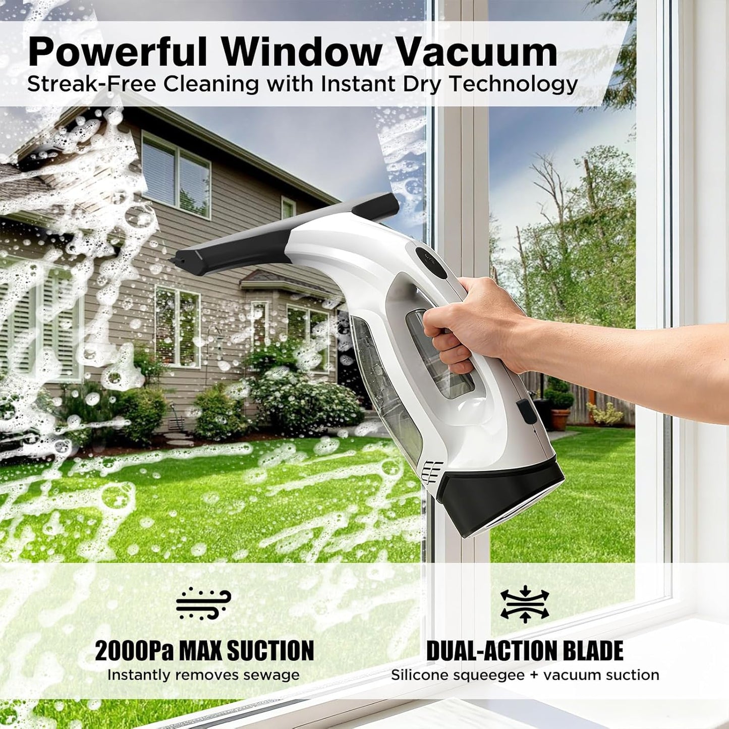 Window Vacuum Squeegee Cordless, 2000Pa Electric Window Cleaner Tool with 2200mAh & 150ml Water Collection Tank, Cleaning Kit Shower Squeegee for Glass Doors, Tiles, Mirrors, Car (White)