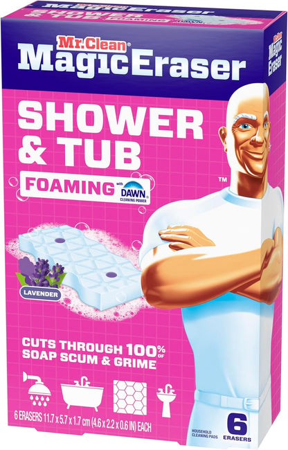 Mr. Clean Magic Eraser Sponge, Bathroom Cleaner, Shower Cleaner, Tub Cleaner, Soap Scum Remover, Bathroom Cleaning Supplies, Dawn Cleaning Power with Febreze Lavender Scent, 5ct