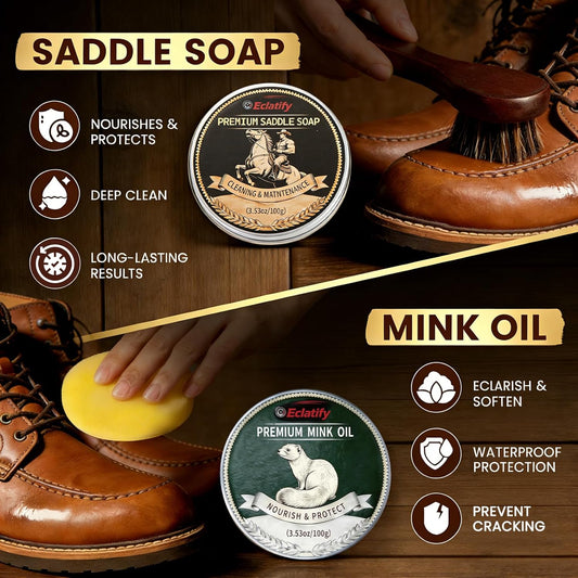 5-in-1 Leather Care Kit with Saddle Soap & Mink Oil, Leather Cleaner and Conditioner for Cowboy Boots, Jackets, Handbags, Car Interiors, Ideal Gift for Leather Lovers