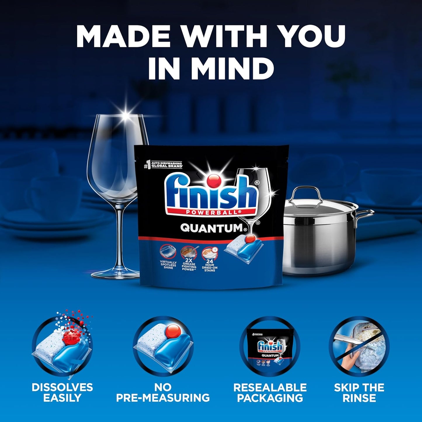 Finish Quantum Dishwasher Pods, No Pre-Rinse Dishwasher Detergent Soap Removes 24HR Dried-On Stain and Grease, Leaving a Virtually Spotless Shine, 84 Count