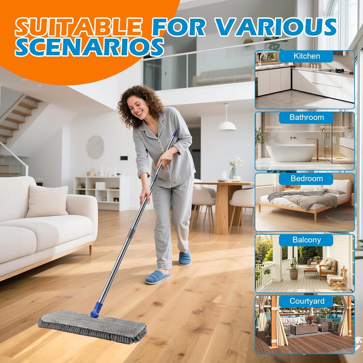 Mops for Floor Cleaning, Masthome Flat Dust Mop with 4 Reusable Pads, 2-Sided Microfiber Dust Mop for Wet & Dry Use, Flat Flip Mops for Hardwood, Laminate, Vinyl,Kitchen, Tile -1 Scraper