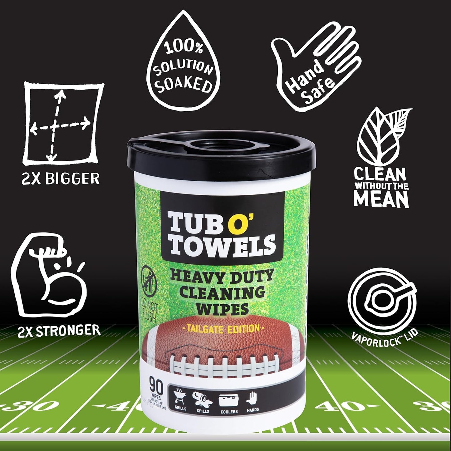Tub O' Towels Heavy-Duty Multi-Surface Cleaning Wipes Tailgate Edition For Grills, Spills, Tents & More, 10" x 12", 1-Pack Canister