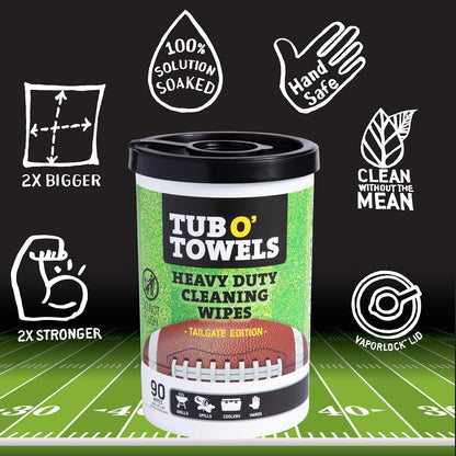 Tub O' Towels Heavy-Duty Multi-Surface Cleaning Wipes Tailgate Edition For Grills, Spills, Tents & More, 10" x 12", 1-Pack Canister