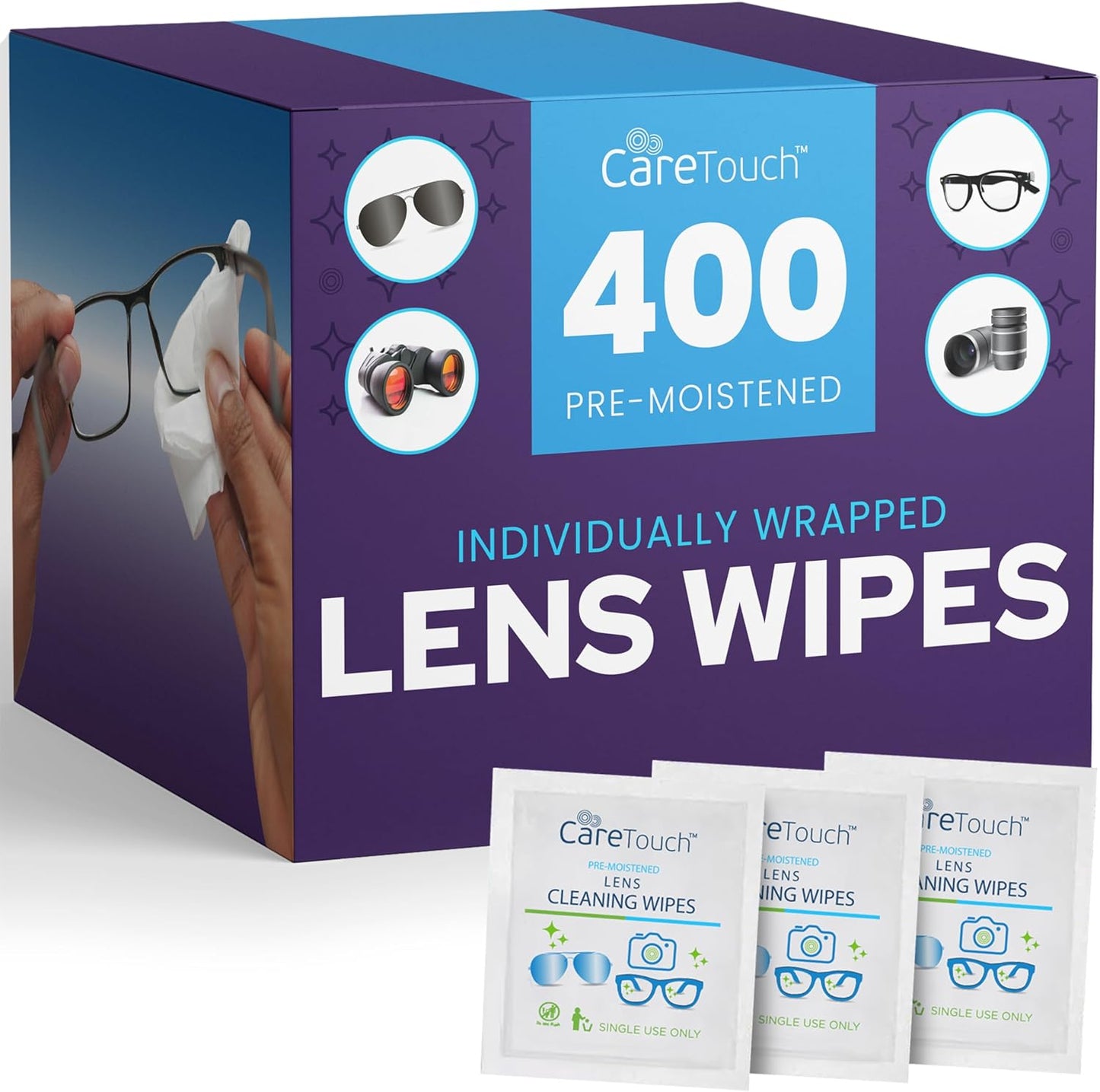 Care Touch Lens Wipes for Eyeglasses- 100 Count Individually Wrapped Pre- Moistened Wipes, 5 x 6 Inch- Camera Lens, Sunglasses and Glasses Cleaner,- Gentle and Portable for Cleaning of Optical Devices