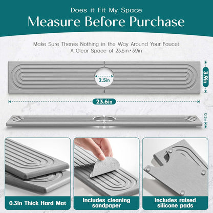 Eormoe Faucet Mat for Kitchen Sink – Diatomite Stone Drying Mat & Sink Protectors, Prevent Moisture – Sink Splash Guard Water-Absorbing Stone Tray for Bathroom Counter (Light Grey, 23.6" x 3.9")