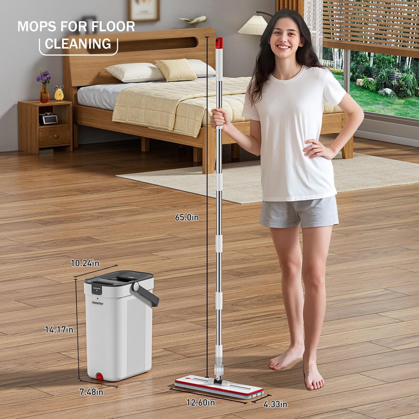 HoMettler Mop and Bucket Set, Flat Mop and Bucket System with Separate Dirty and Clean Water, 3-Compartment Wall Cleaner Mop, Flat Mops for Floor Cleaning with 8 Microfiber Pads