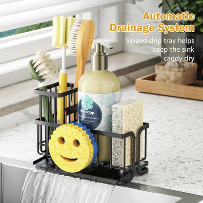 Sponge Holder for Kitchen Sink with Suction Cups & Adhesive Hook, Rustproof In-Sink Sponge Holder, Space-Saving Wall Hanging Sink Caddy Organizer Rack - Sponge, Dish Cloth, Brush - Stainless Steel