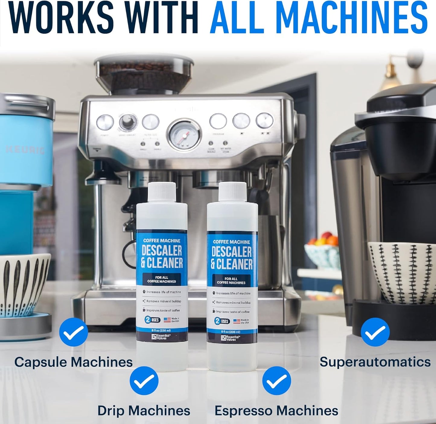 Essential Values Descaling Solution (8 fl oz / 236 ml) – Coffee Maker Cleaner for Nespresso, Keurig, Breville & More – Works on All Machines & Espresso Makers – Made in USA