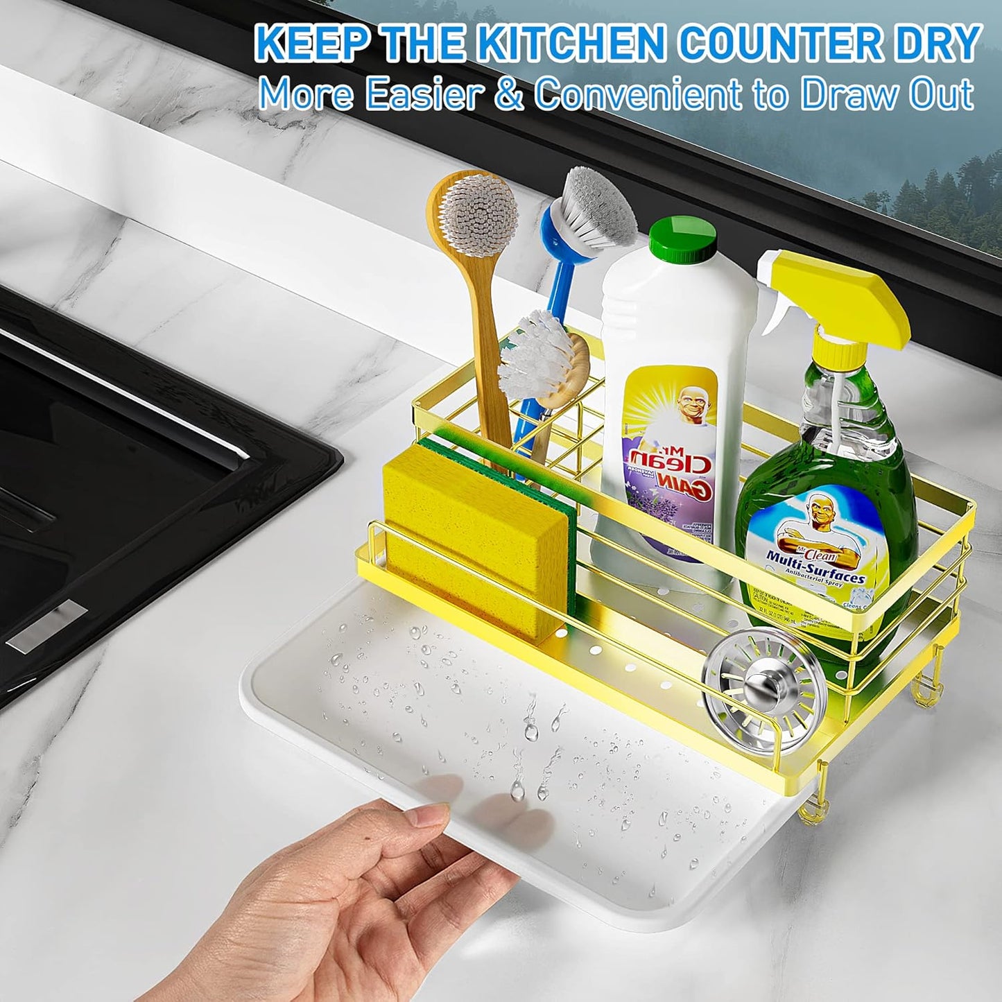 Cisily Black Sponge Holder for Kitchen, Sink Caddy Sink Organizer Rack for Kitchen Accessories with Drip Tray, Rustproof and Non-slip, Soap Dispenser Countertop Organizer Essentials for New Home