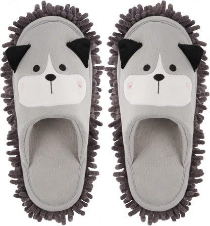 Cartoon Dog Mop Slippers Microfiber Clean Dusting Slippers Detachable Mopping Shoes for Office Home Room (Khaki)