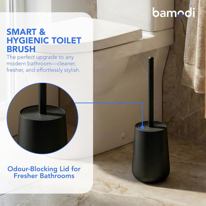 Bamodi Toilet Brush and Storage Stand - Dense PP Brush Head with Holder - Efficient Stain and Odour Removal - Modern Design and Space-Saving - Keeps Toilet Bowl Spotless - 15.27x4.40x4.40 Inch, Black