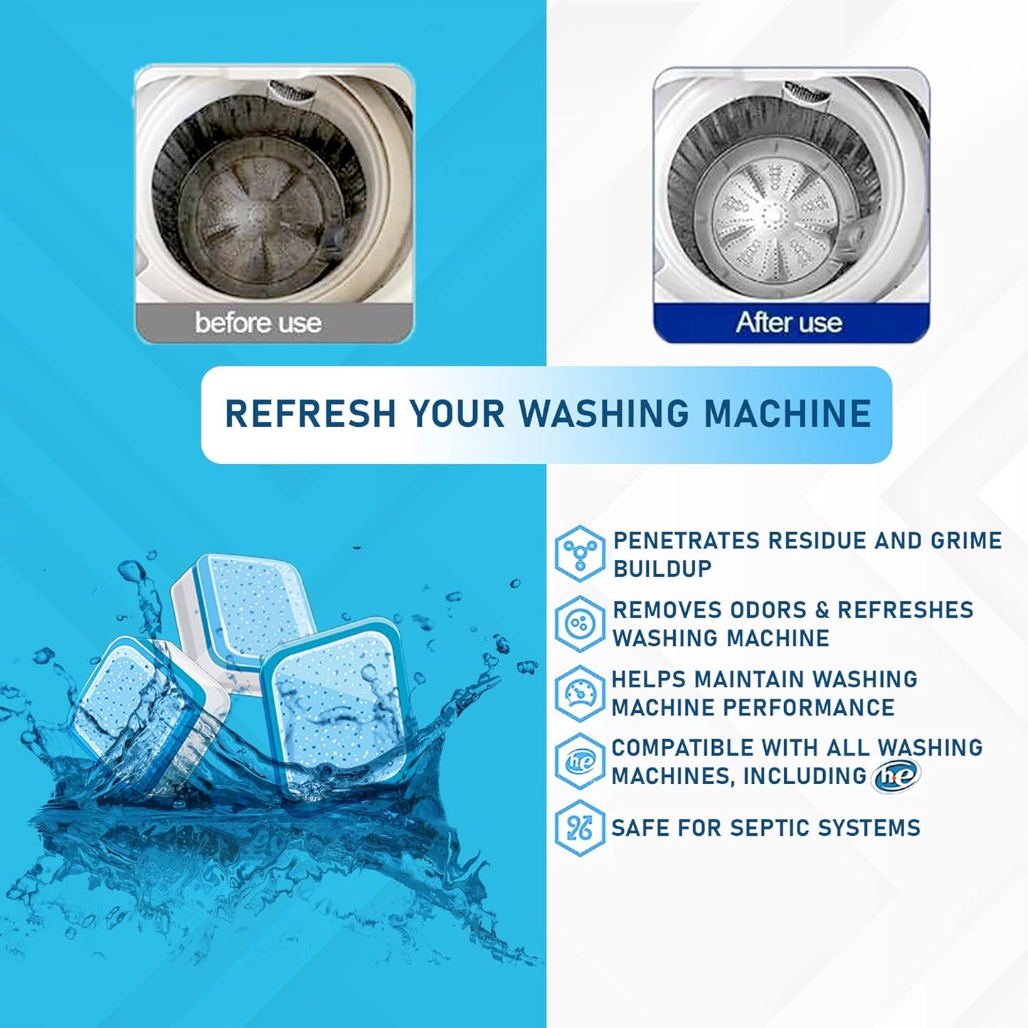 24 Washer Cleaner Tablets – Deep Cleans & Deodorizes All Washers, Removes Grime & Odor, Powerful Descaling Formula, Eco-Friendly, 1-Year Supply, Septic Safe