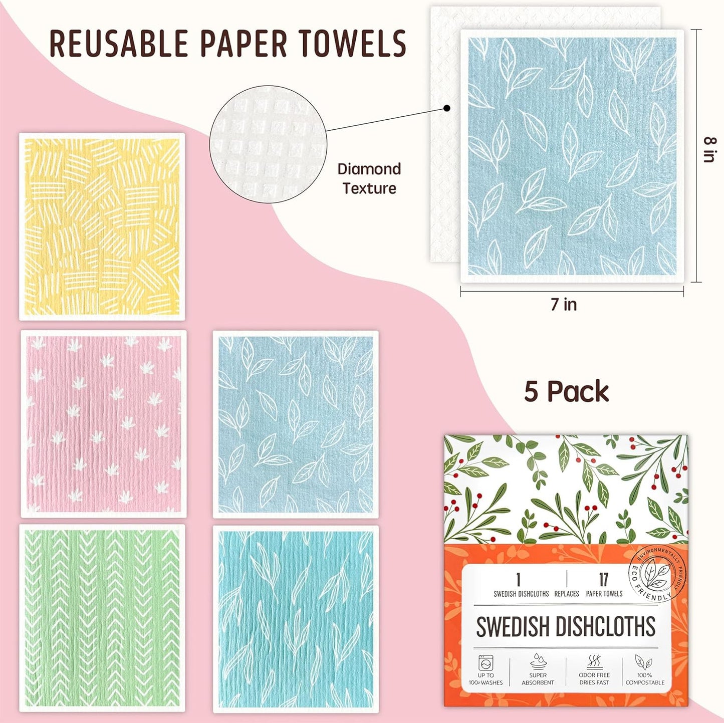 Swedish Dishcloths for Kitchen, Swedish Dish Cloths 5 Pack, Super Absorbent Reusable Paper Towels Washable, Biodegradable, Quick Drying, Dishwasher Safe