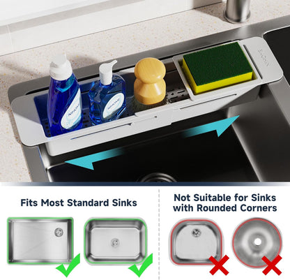 NiHome Extendable Over Sink Kitchen Organizer, Small Telescopic Brush Storage Rack for Sponge, Non-Slip Pads Expandable Sink Caddy, Adjustable Sponge/Brush Rack with Drainage Durable ABS (Black)