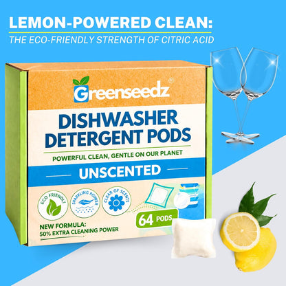 Dishwasher Detergent Pods Free & Clear, Unscented, Eco Friendly, Cuts Grease, 64 Count, Powerful Formula for Sparkling Clean Dishes, Automatic Dishwasher Safe