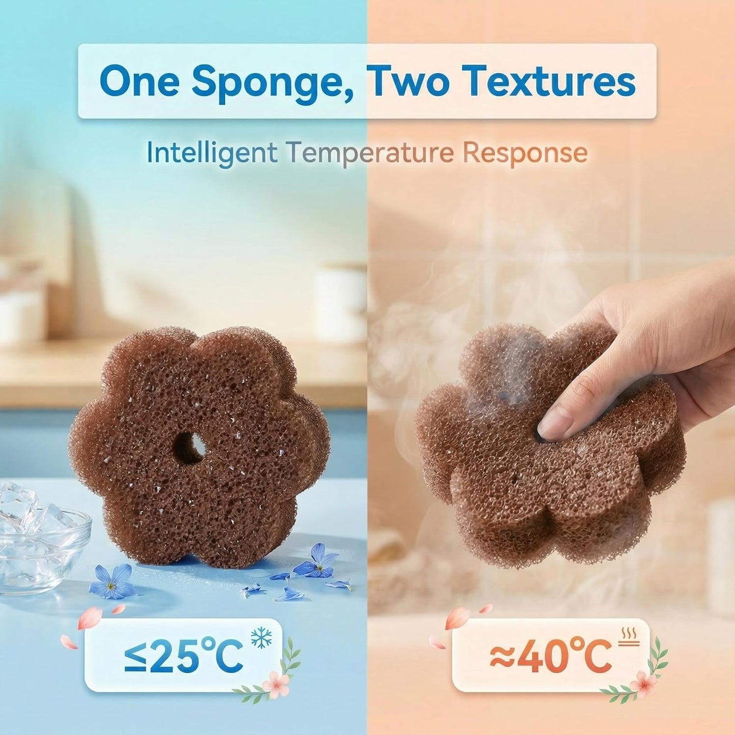 Scrub Flower Temperature Sensitive Sponges -Non-Scratch Scrubbers for Kitchen & Home - Firm in Cold & Soft in Warm Water - Odor Resistant Color-Coded Dish Sponges (Lavender Mist, 3 Count)