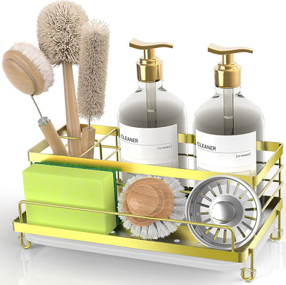 Cisily Black Sponge Holder for Kitchen, Sink Caddy Sink Organizer Rack for Kitchen Accessories with Drip Tray, Rustproof and Non-slip, Soap Dispenser Countertop Organizer Essentials for New Home