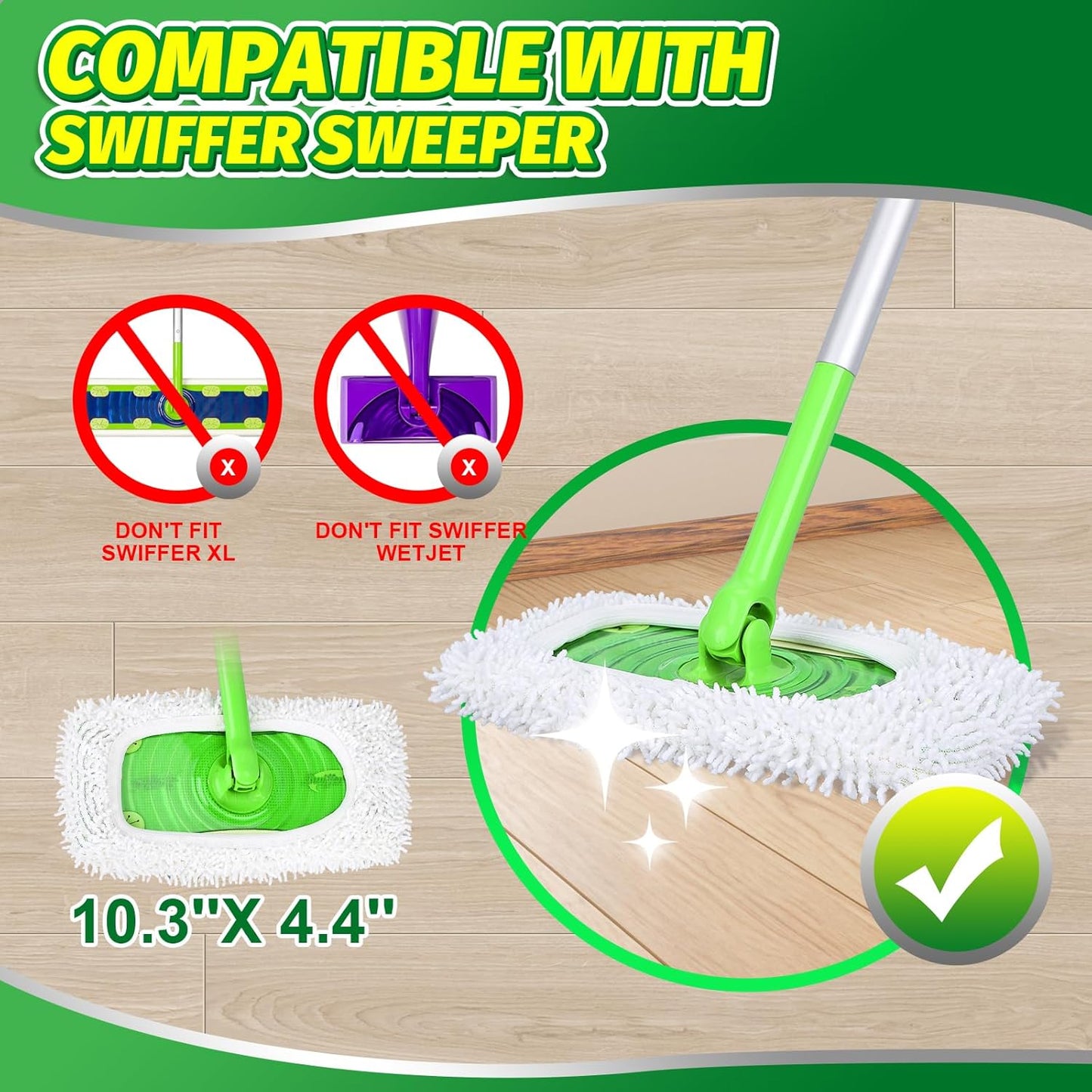 Reusable Microfiber Mop Pads Compatible with Swiffer Sweeper- 4 Pack Dry Sweeping Cloths & Wet Mopping Cloths - Chenille Washable Wet Pads Refill for Mopping Floors (Mop is not Included)