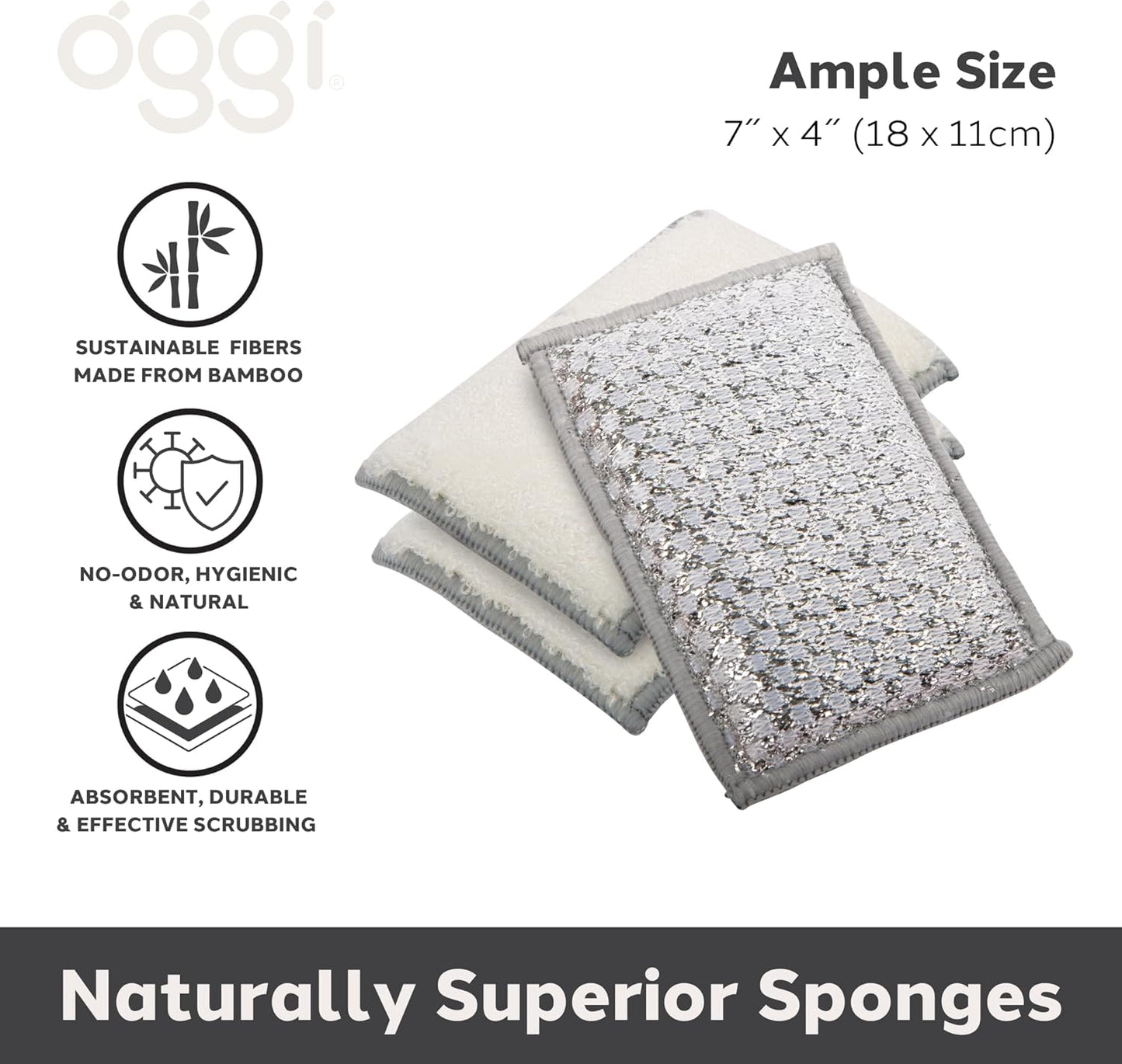 OGGI Bambou Odor-Free Scrubbing Sponges - Natural Scrub Sponges for Dishes, 91% Bamboo-Derived Rayon Cellulose Fiber, Reusable, Absorbent, Durable Scrubbers, Non-Scratch, Washable - 3 pcs, 7x4
