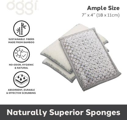 OGGI Bambou Odor-Free Scrubbing Sponges - Natural Scrub Sponges for Dishes, 91% Bamboo-Derived Rayon Cellulose Fiber, Reusable, Absorbent, Durable Scrubbers, Non-Scratch, Washable - 3 pcs, 7x4