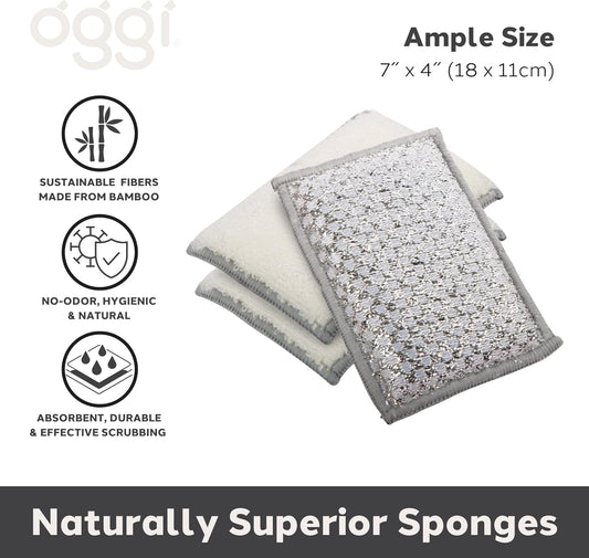 OGGI Bambou Odor-Free Scrubbing Sponges - Natural Scrub Sponges for Dishes, 91% Bamboo-Derived Rayon Cellulose Fiber, Reusable, Absorbent, Durable Scrubbers, Non-Scratch, Washable - 3 pcs, 7x4