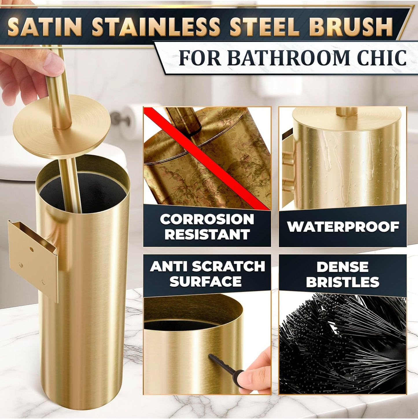 Stylish Stainless Steel Toilet Brush and Holder Set - Silver Toilet Bowl Brush and Holder with Splash Cover, Sturdy Bristles, Corrosion & Scratch Resistant - Elegant Design, Effective Deep Cleaning