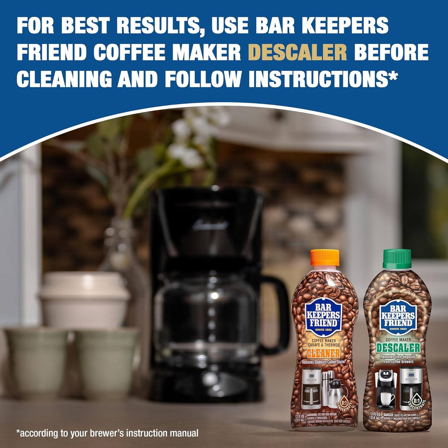 Bar Keepers Friend Coffee Maker Cleaner (2 x 12 oz) Removes Stains & Oily Residue from Espresso Machines, Carafes, Thermos, Drip Coffee Pots, Single-Cup Coffee Makers & More