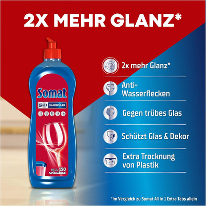SOMAT 5-in-1 rinse aid (750 ml), detergent additive for quick drying, rinse aid for dishwasher gives brilliant shine on glasses, dishes and in the machine, up to 150 washes