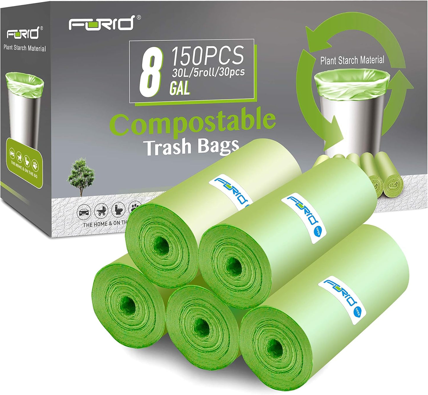 Compostable Trash Bags - FORID 13 Gallon Tall Kitchen Garbage Bags 80 Count Unscented Trash Can Liners 55 Liter Medium Wastebasket Bags for Bathroom Home Bedroom Office Garbage Can (5Rolls/Green)