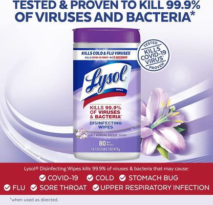Lysol Disinfectant Wipes, Multi-Surface Antibacterial Cleaning Wipes, Dorm Room Essentials for Disinfecting and Cleaning, Early Morning Breeze, 80 Count (Pack of 6)