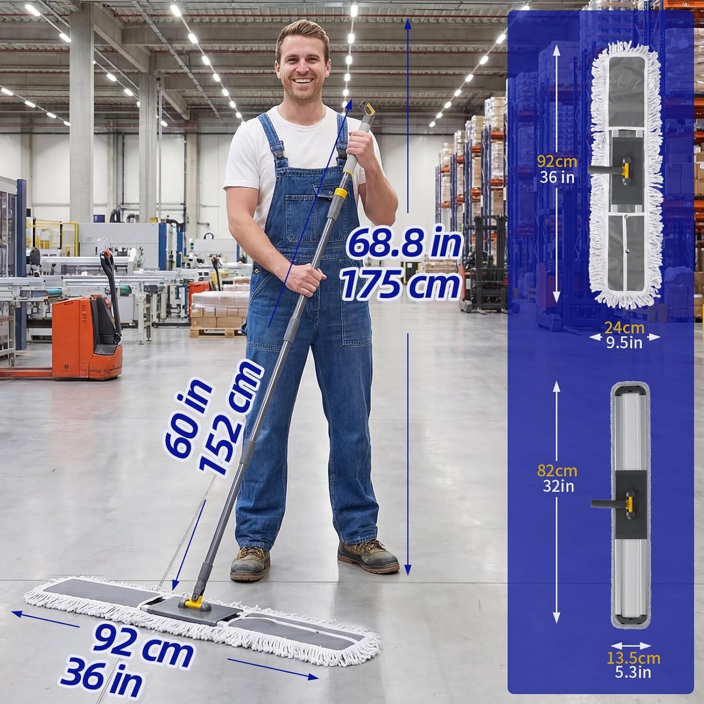 36" Commercial Dust Mops for Floor Cleaning, Masthome Professional Industrial Mop with 3 Pads, Heavy Duty Commercial Mop with 62'' Long Handle,Large Floor Mops for Office Garage Warehouse Factory Mall